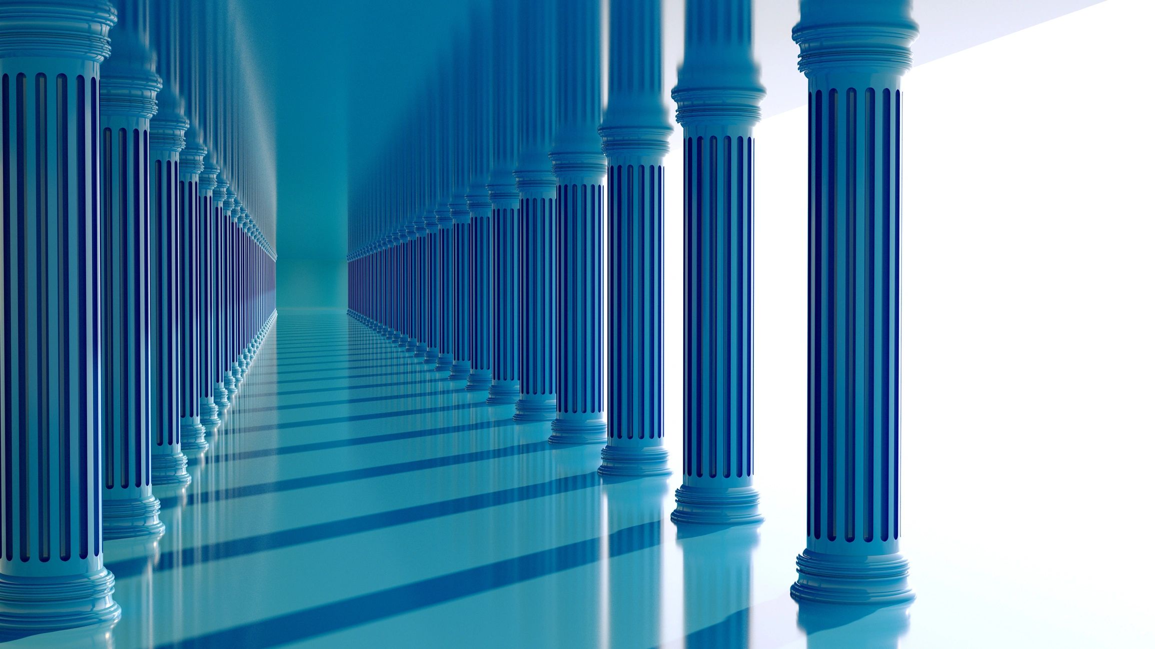 Abstract blue architectural hallway suggesting a guided professional pathway